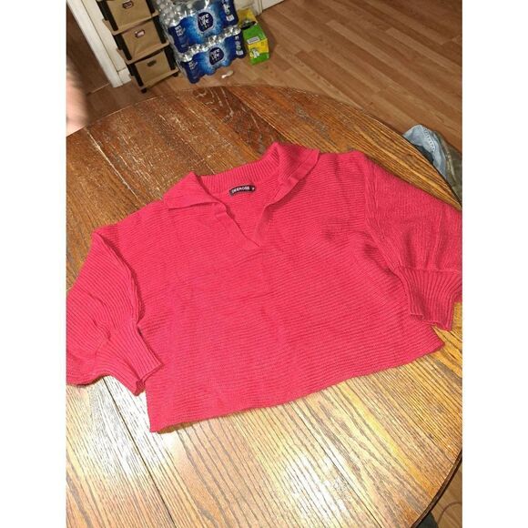 New XL Deerose Maroon VNeck Long Sleeve Crop Top Short Knit Sweater NWOT - Picture 9 of 11